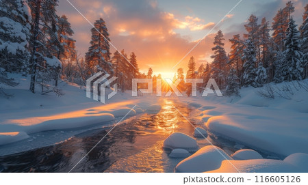 Snowy Forest River at Sunrise With Golden Light 116605126