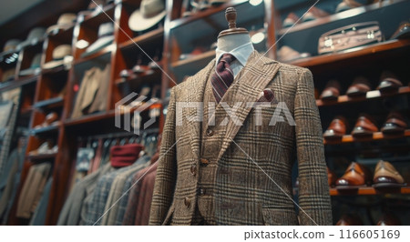 Plaid Suit on Display in a Mens Clothing Shop 116605169