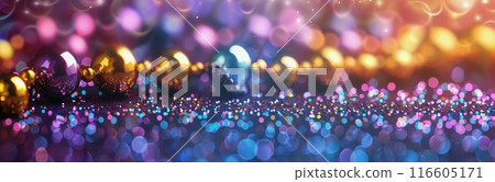 Colorful Beads and Bokeh Lights Against a Purple Background 116605171