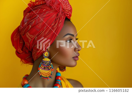 Woman Wearing Red Headscarf and Statement Earrings Against Yellow Wall 116605182