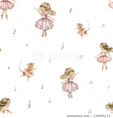 Watercolor seamless pattern with cute little ballerinas and mouse. Hand drawn illustration heart and notes or treble clef on isolated background. Background for girl textile with dancing in pink dress 116605213