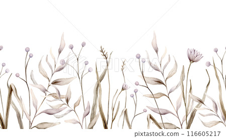 Seamless border with watercolor fantasy botanical illustration branches and flowers. Lilac circle floral illustration. Fall vibes. Hand drawing isolated on background. Banner with herds pastel color. Seamless border with watercolor fantasy botanical illustration branches and flowers. Lilac circle floral illustration. Fall vibes. Hand drawing isolated on background. Banner with herds pastel color. 116605217