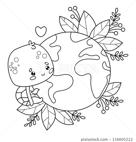 Outline cute cartoon turtle character with planet Earth. Concept ecology green life, conservation, protection of nature and animal. Vector illustration. Line drawing, coloring book. Kids collection. Outline cute cartoon turtle character with planet Earth. Concept ecology green life, conservation, protection of nature and animal. Vector illustration. Line drawing, coloring book. Kids collection. 116605222