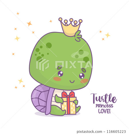 Cute princess turtle with gift. Funny little cartoon kawaii character animal. Vector illustration. Kids collection. Cute princess turtle with gift. Funny little cartoon kawaii character animal. Vector illustration. Kids collection. 116605223