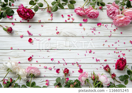 Roses and petals on white wooden table. Top view. Copy space. Ai generative Roses and petals on white wooden table. Top view. Copy space. Ai generative 116605245