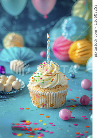 birthday cup cake background with candle and balloons decorated with pastel colors. Ai generative birthday cup cake background with candle and balloons decorated with pastel colors. Ai generative 116605255