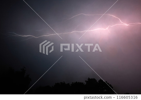 Lightning Storm. A dramatic lightning storm in the night sky with striking lightning bolts. 116605316