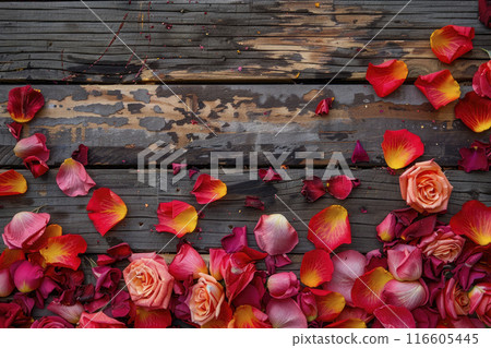 Roses and petals on wooden table. Top view. Copy space 116605445