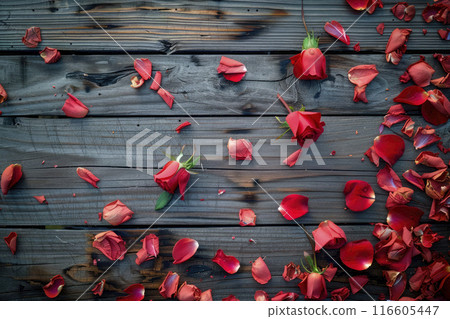 Roses and petals on wooden table. Top view. Copy space 116605447