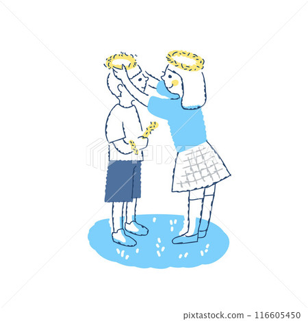 An older sister places a flower crown on a boy's head 116605450