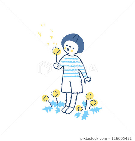 一個孩子吹著蒲公英的絨毛玩耍 116605451
