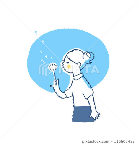 A girl blowing air into dandelion fluff 116605452