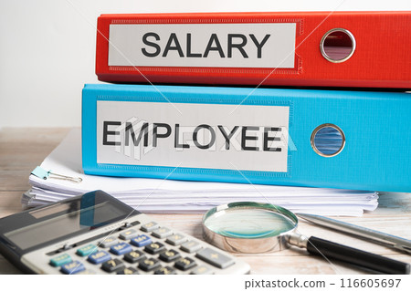 Salary., Employee. Binder data finance report business with graph analysis in office. 116605697