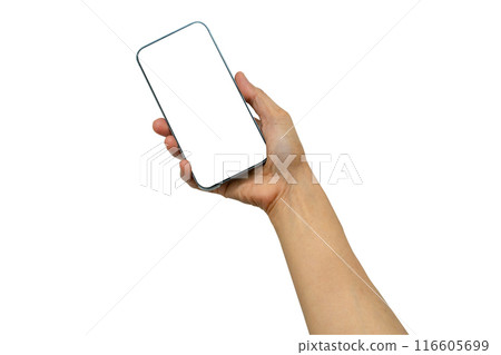 Mobile smart phone with white blank screen in Asian lady hand  for communication isolated on white background with clipping path. 116605699