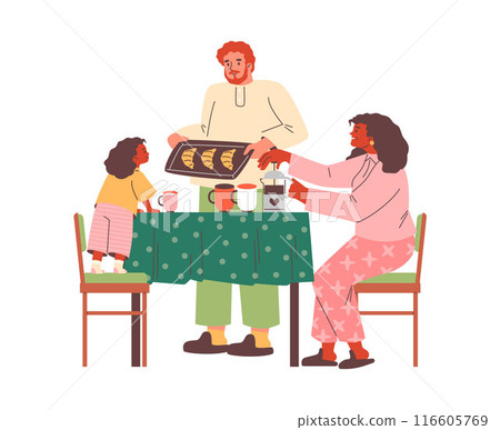 Family enjoying together breakfast, vector cartoon happy father baker holding tray of croissants, mother makes coffee 116605769