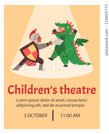 Vector poster of a children's theater show with fairy-tale characters a knight and a dragon 116605773