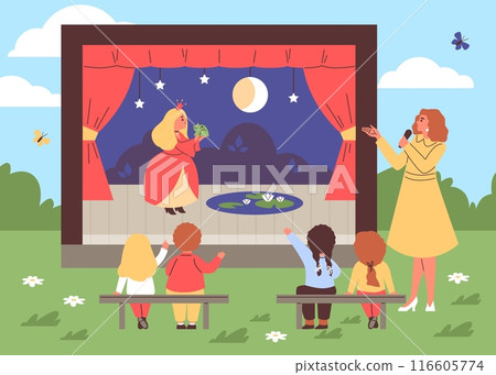Kids theater fairy tale performance show on scene with red curtains, vector princess with frog park theater for children 116605774