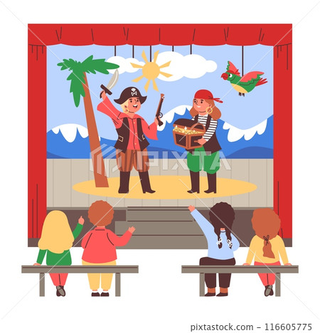 Vector illustration of a children's theater, with a pirates a chest of gold 116605775
