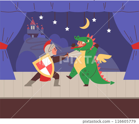 Cute kids in costumes of knight and dragon on stage of theater, vector performance show on scene with fairy tale castle Cute kids in costumes of knight and dragon on stage of theater, vector performance show on scene with fairy tale castle 116605779