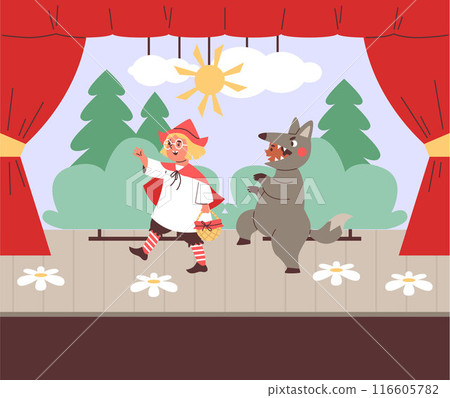 Theatre children actors performing Red Hood fairy tale in costumes on theater stage with red curtains cartoon vector Theatre children actors performing Red Hood fairy tale in costumes on theater stage with red curtains cartoon vector 116605782