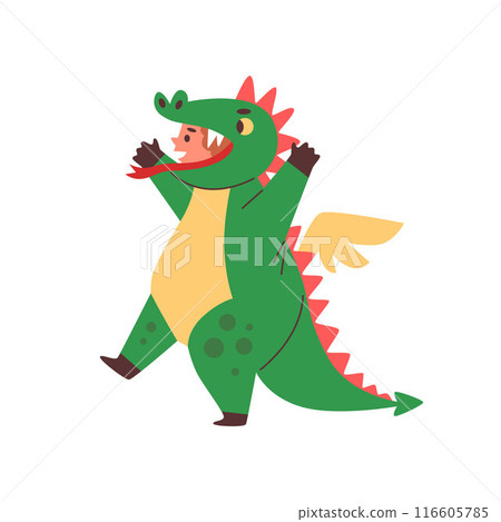 Drawing of a child wearing a green dinosaur costume on an isolated background. Drawing of a child wearing a green dinosaur costume on an isolated background. 116605785