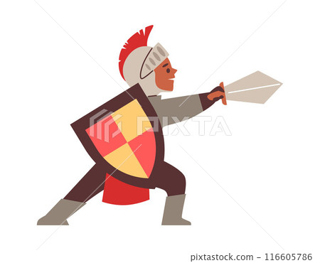 Boy dressed as a knight in armour with shield and sword, vector child in fairy tale theater costume, actor performance 116605786