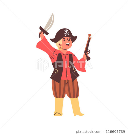 Child in a pirate costume, vector illustration in flat style. Child in a pirate costume, vector illustration in flat style. 116605789