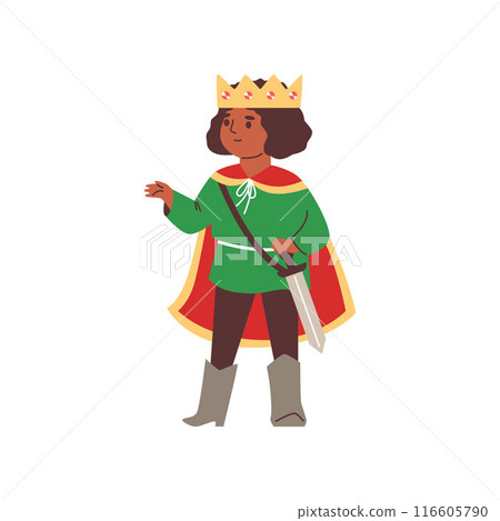 Boy actor dressed as a king or prince with golden crown, red cape and sword, vector child in fairy tale theater costume Boy actor dressed as a king or prince with golden crown, red cape and sword, vector child in fairy tale theater costume 116605790