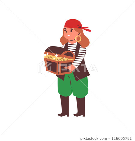 Vector illustration for children's theater: a pirate girl with a chest of gold, a bandana 116605791