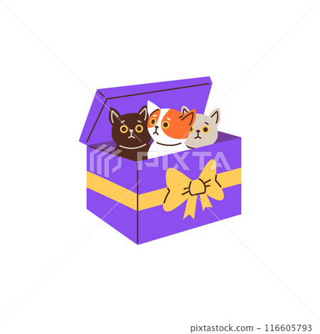Vector set of adorable kittens snuggled in an yellow cardboard box with a bow Vector set of adorable kittens snuggled in an yellow cardboard box with a bow 116605793