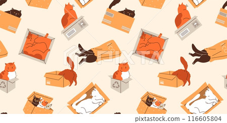 Seamless vector pattern depicting kittens in various poses: sitting, sleeping in cardboard boxes and paper Seamless vector pattern depicting kittens in various poses: sitting, sleeping in cardboard boxes and paper 116605804