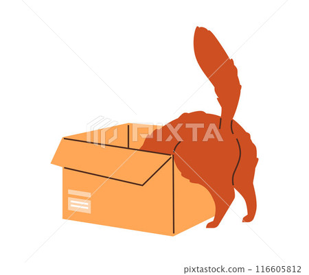 Cute ginger cat plays, climbs inside the cardboard box, vector funny hiding kitten back view cartoon fluffy feline pet 116605812