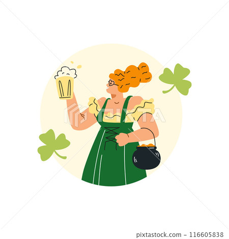 Vector icon St. Patrick's Day a girl holding a beer and a pot of gold 116605838