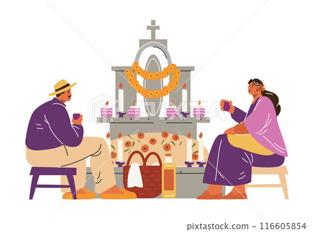 Dia de los Muertos vector art. Scenes of visiting graves. Dia de los Muertos vector art. Scenes of visiting graves. 116605854
