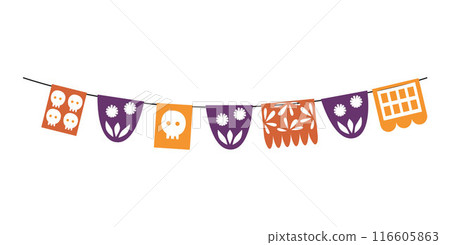 Paper cut papel picado flags, vector hanging garland decorated with skull and flowers, Dia de los muertos Mexican decor 116605863