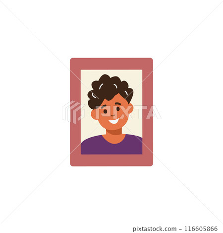 Vector illustration with wooden frame with a photo of a happy little boy 116605866
