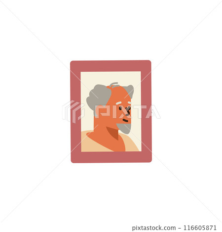 Vector illustration with wooden frame with a photo of a happy elderly man, side view Vector illustration with wooden frame with a photo of a happy elderly man, side view 116605871