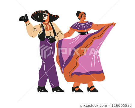 Vector illustration of a flamenco dancing girl and a guy celebrating the Day of the Dead 116605883