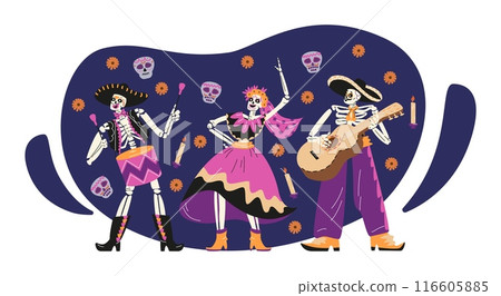 Celebrate the Day of Death with bright vector illustrations with funny skeletal musicians Celebrate the Day of Death with bright vector illustrations with funny skeletal musicians 116605885