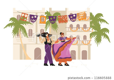 Woman and man with painted sugar skull mask dancing on street decorated with paper cut flags vector Dia de los muertos 116605888
