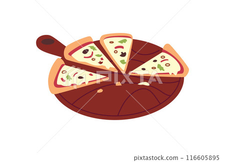 Vector icon of slices of pizza with pepperoni, cheese on a platter with a handle Vector icon of slices of pizza with pepperoni, cheese on a platter with a handle 116605895