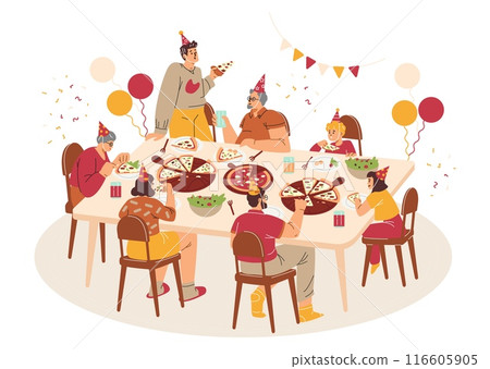 Vector illustration of a family holiday at the dining table: parents, children, grandparents enjoying pizza Vector illustration of a family holiday at the dining table: parents, children, grandparents enjoying pizza 116605905