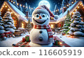 cheerful snowman with red and white scarf and hat stands in front of cozy wooden house decorated with Christmas lights. snowman is surrounded by snow and presents, 116605919