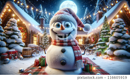 cheerful snowman with red and white scarf and hat stands in front of cozy wooden house decorated with Christmas lights. snowman is surrounded by snow and presents, 116605919