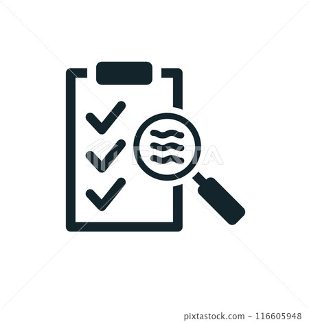 Magnifying glass analyzing completed checklist icon representing quality control and verification 116605948