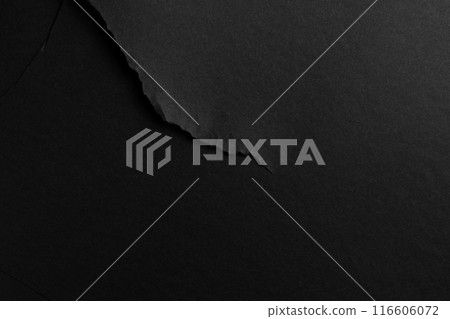 Roughly torn tear of black paper sheet with grainy textures. Monochrome ripped surface. Abstract composition 116606072