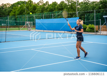 Professional female tennis player playing the tennis on outside court Professional female tennis player playing the tennis on outside court 116606111