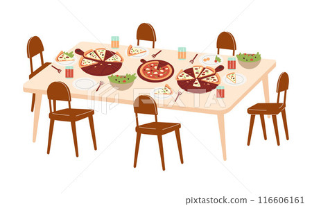 Vector illustration of an Italian dinner at the table with pepperoni pizza, cheese and herbs 116606161