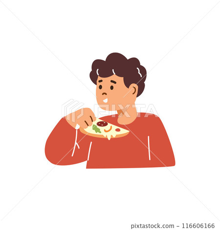 Cute boy eating pizza, hungry kid character with appetite biting mozzarella pizza, fast food snack vector illustration 116606166
