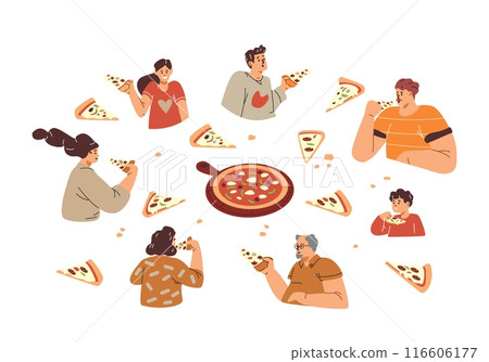 Vector icons on the theme of Italian dinner: people of different ages to eat pizza 116606177